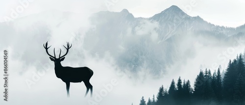 Wide view of a deer silhouette, misty hills and fog, majestic mountains, dense forest, magical ambiance, representing abundance and longevity