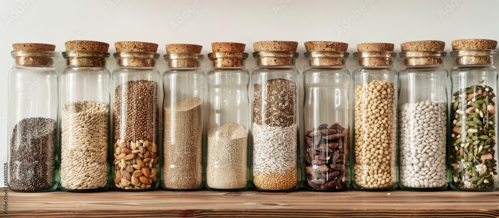 Glass jars filled with different raw cereals and grains embody the zero-waste ethos, promoting kitchen storages solutions for healthy eating with a copy space image. Glass jars filled with different raw cereals and grains embody the zero-waste ethos, promoting kitchen storages solutions for healthy eating with a copy space image.