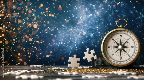 A fully assembled white jigsaw puzzle next to a rugged tactical compass, against a backdrop of dark blue with sparkling gold particles for a robust, celebratory look.