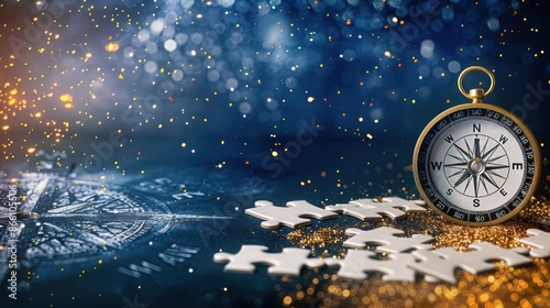 A fully assembled white jigsaw puzzle next to a rugged tactical compass, against a backdrop of dark blue with sparkling gold particles for a robust, celebratory look.