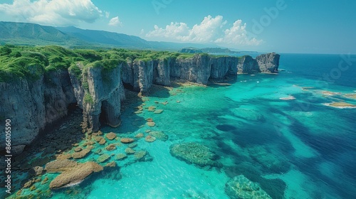 Drone image of the coastline and cliffs of Okinawa's Cape Manzamo photo