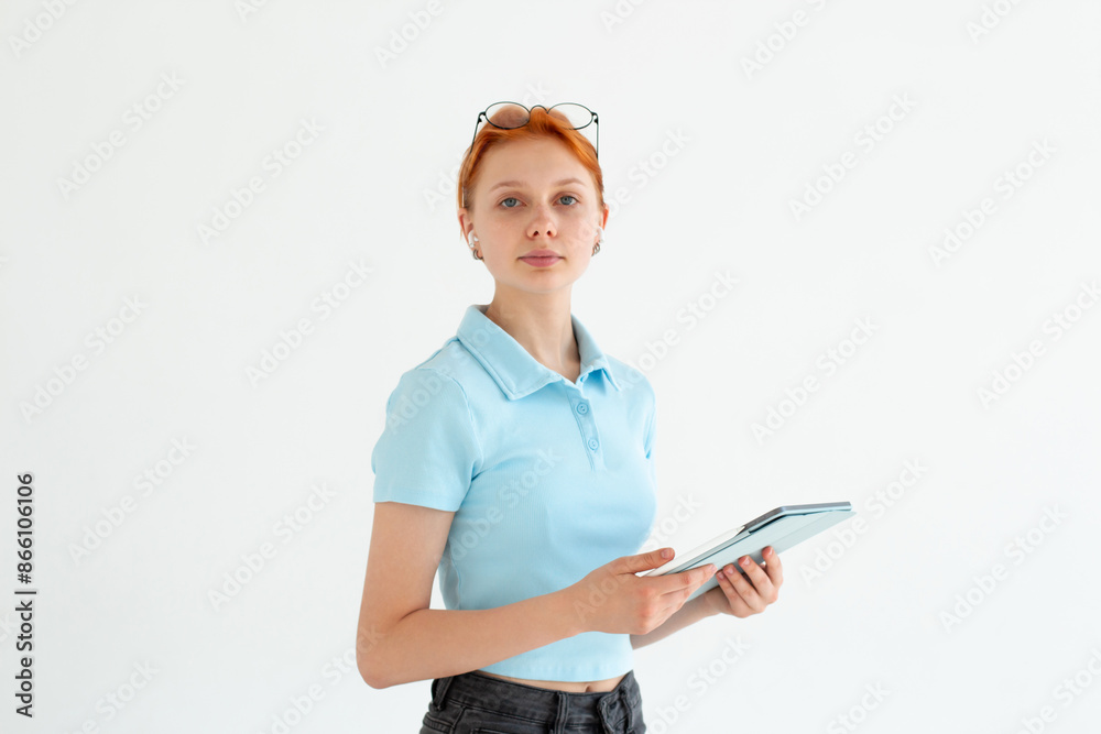 Smiling caucasian young businesswoman use tablet, app for social networks, presentation business, isolated on white studio background. Work and chat on gadget. Smiling caucasian young businesswoman use tablet, app for social networks, presentation business, isolated on white studio background. Work and chat on gadget.