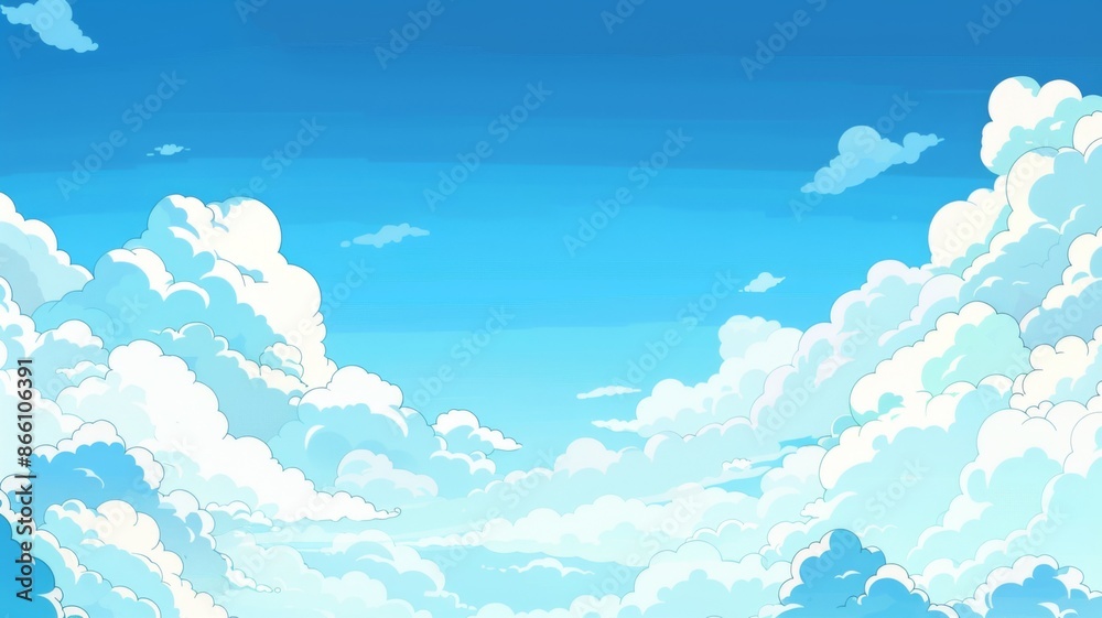 Fototapeta premium Vibrant Anime Sky Background with Fluffy White Clouds and Blue Sky, perfect for animation and illustration