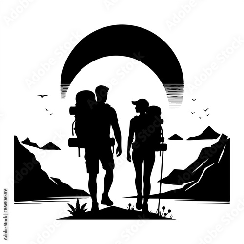 Silhouette of hiker. Collection of male and female hiker. mountaineer climber hiker people, vector silhouette collection. hiking man and woman with rucksack silhouette. Backpacker and climber people.