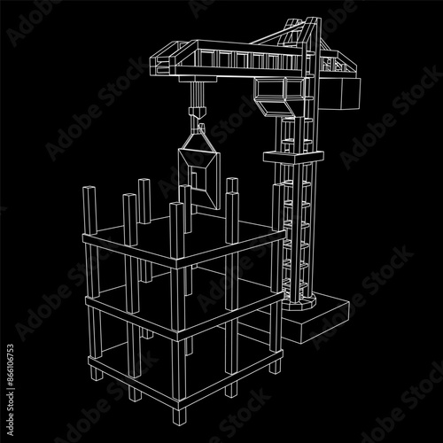 Construction crane tower. Building under construction industrial concept. Wireframe low poly mesh vector illustration.