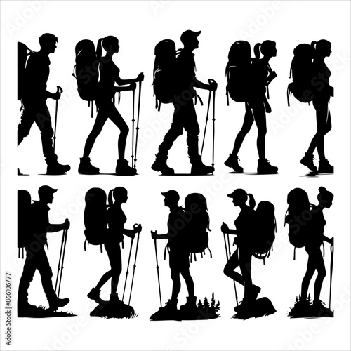 Silhouette of hiker. Collection of male and female hiker. mountaineer climber hiker people, vector silhouette collection. hiking man and woman with rucksack silhouette. Backpacker and climber people.