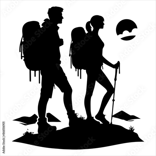 Silhouette of hiker. Collection of male and female hiker. mountaineer climber hiker people, vector silhouette collection. hiking man and woman with rucksack silhouette. Backpacker and climber people.