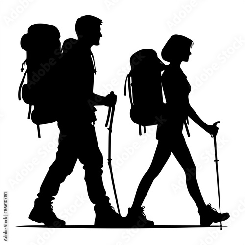 Silhouette of hiker. Collection of male and female hiker. mountaineer climber hiker people, vector silhouette collection. hiking man and woman with rucksack silhouette. Backpacker and climber people.