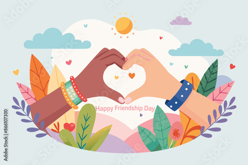 Two hands holding each other, one brown skin and the second white skin with colorful bracelets on their fingers forming an X shape. 