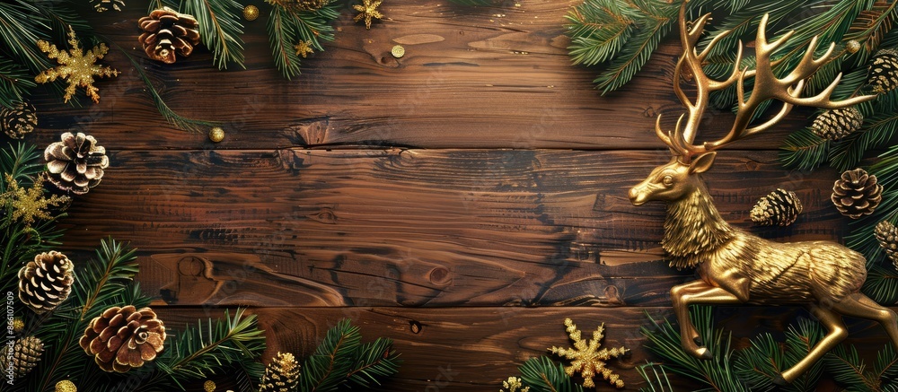 Obraz premium A festive Christmas scene with golden deer, greenery, pine cones on a wooden background for holiday celebrations. Includes a copy space image for seasonal greetings.