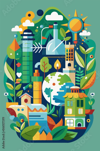 A colorful city illustration surrounded by trees and buildings. The image showcases a vibrant cityscape with a backdrop of lush trees and towering buildings, featuring various architectural elements l
