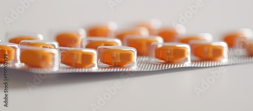 Close-up photo of antiviral tablets in blister packs against a white backdrop; Five packs for herpes treatment with copy space image for the virus concept. photo