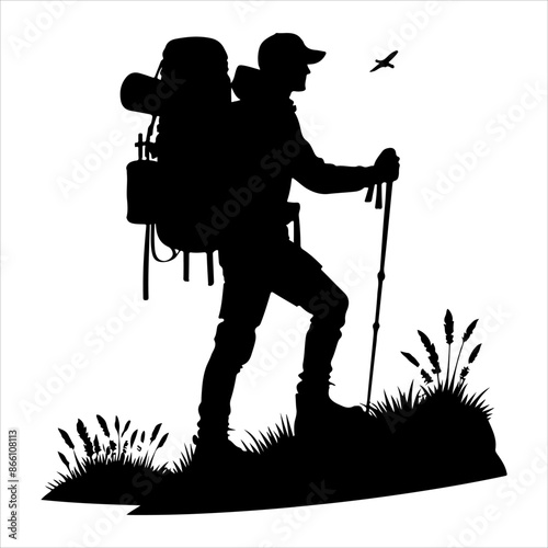 Silhouette of hiker. Collection of male and female hiker. mountaineer climber hiker people, vector silhouette collection. hiking man and woman with rucksack silhouette. Backpacker and climber people.
