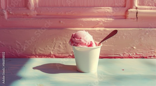 Single Serving of Pink Ice Cream in a White Cup on a Light Blue Table With a ...