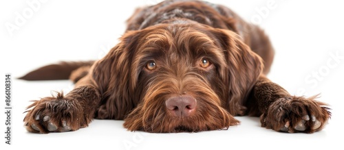 Adorable brown Kurzhaar Drathaar dog resting on the floor in a studio setting, isolated on white. Ideal for designs related to animals, pets, vet care, and friendship. Copy space image available. photo