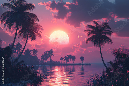 Dark palm trees silhouettes on colorful tropical ocean sunset background. Generated by artificial intelligence © Vovmar