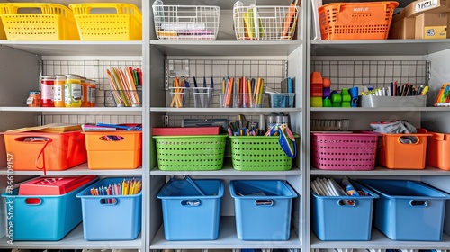 Organized back to school storage room with neatly labeled bins, student supplies, and efficient layout, tidy and functional photo