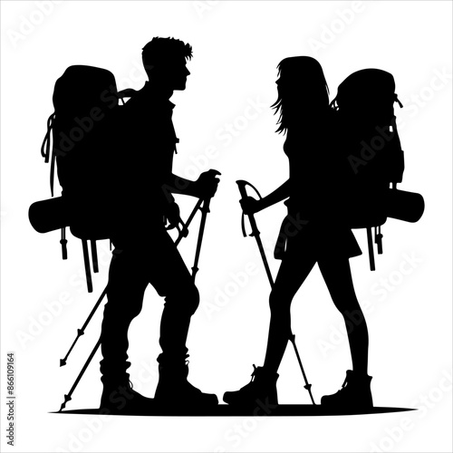 Silhouette of hiker. Collection of male and female hiker. mountaineer climber hiker people, vector silhouette collection. hiking man and woman with rucksack silhouette. Backpacker and climber people.