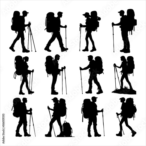 Silhouette of hiker. Collection of male and female hiker. mountaineer climber hiker people, vector silhouette collection. hiking man and woman with rucksack silhouette. Backpacker and climber people.