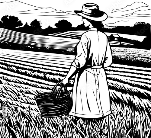 A woman is walking through a field of wheat. She is wearing a white dress and a straw hat © Екатерина Переславце