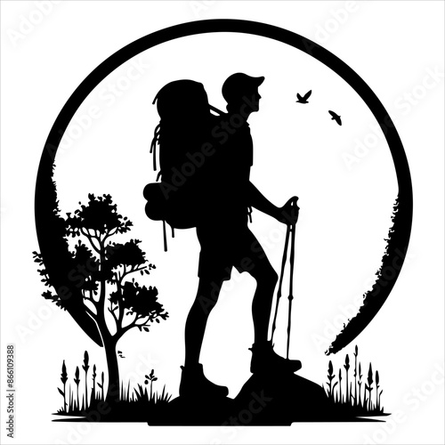 Silhouette of hiker. Collection of male and female hiker. mountaineer climber hiker people, vector silhouette collection. hiking man and woman with rucksack silhouette. Backpacker and climber people.