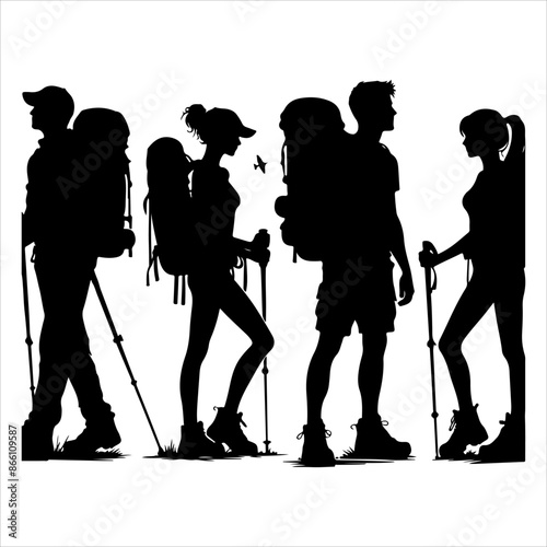 Silhouette of hiker. Collection of male and female hiker. mountaineer climber hiker people, vector silhouette collection. hiking man and woman with rucksack silhouette. Backpacker and climber people.