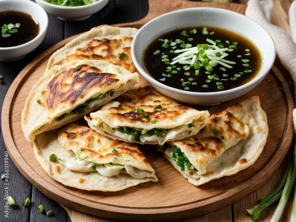 Chinese Scallion Pancakes: Crispy, flaky pancakes filled with scallions and served with a soy-based dipping sauce. on a wooden board with fresh scallions on the side. Chinese cuisine. generative AI Chinese Scallion Pancakes: Crispy, flaky pancakes filled with scallions and served with a soy-based dipping sauce. on a wooden board with fresh scallions on the side. Chinese cuisine. generative AI