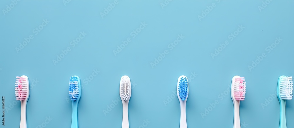 Family toothbrushes displayed on a blue background with copy space for oral care products, embodying a morning routine concept in a top-view flat lay composition. Family toothbrushes displayed on a blue background with copy space for oral care products, embodying a morning routine concept in a top-view flat lay composition.