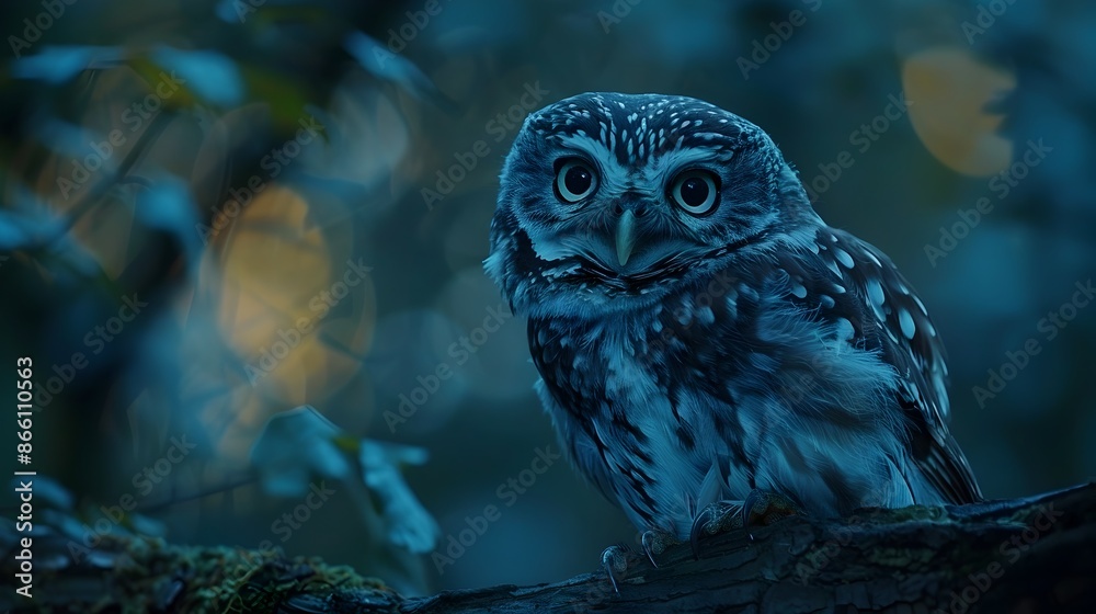 Curious Owl Perched on Branch at Night Bright Eyes Glowing in Dark Forest