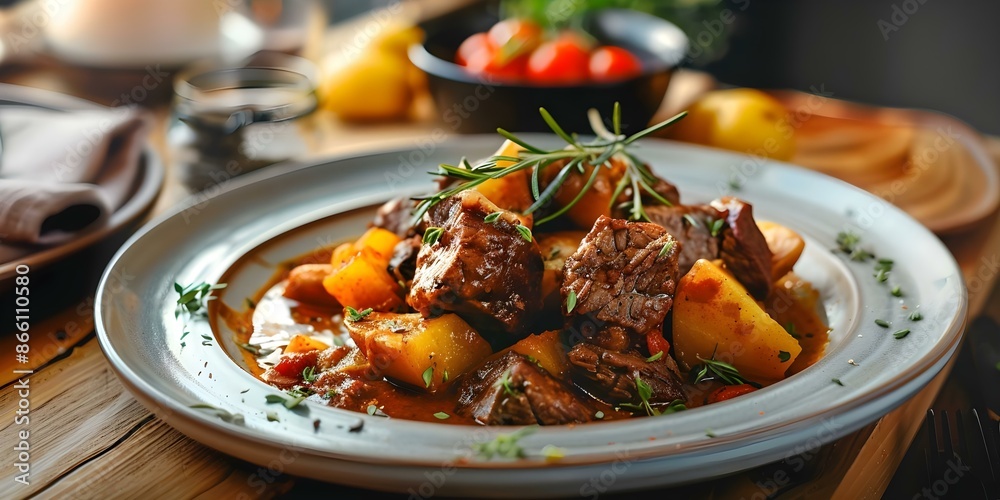 Upscale Austrian Eatery Offering Classic Beef Goulash with Nutritious Potatoes. Concept Austrian Cuisine, Beef Goulash, Nutritious Potatoes, Upscale Dining, Classic Dishes Upscale Austrian Eatery Offering Classic Beef Goulash with Nutritious Potatoes. Concept Austrian Cuisine, Beef Goulash, Nutritious Potatoes, Upscale Dining, Classic Dishes
