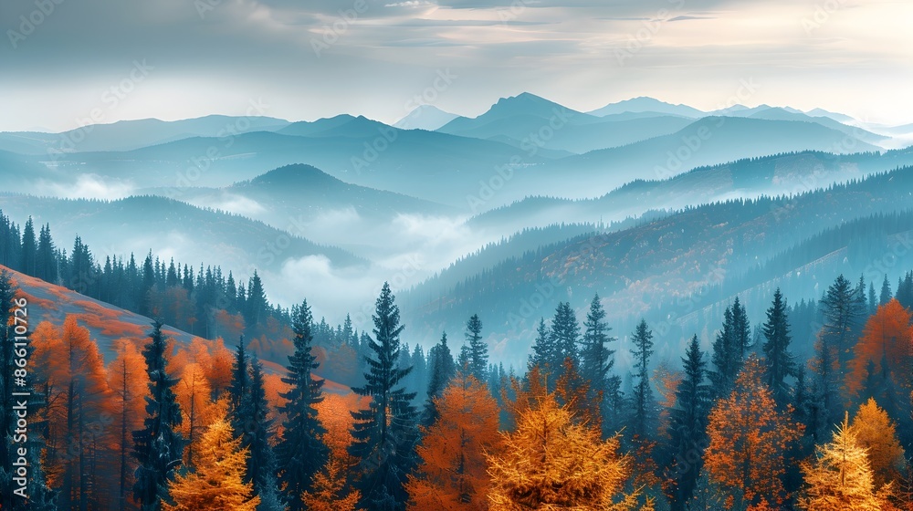 Majestic Autumn Mountain Range with Vibrant Foliage and Misty Atmosphere Majestic Autumn Mountain Range with Vibrant Foliage and Misty Atmosphere
