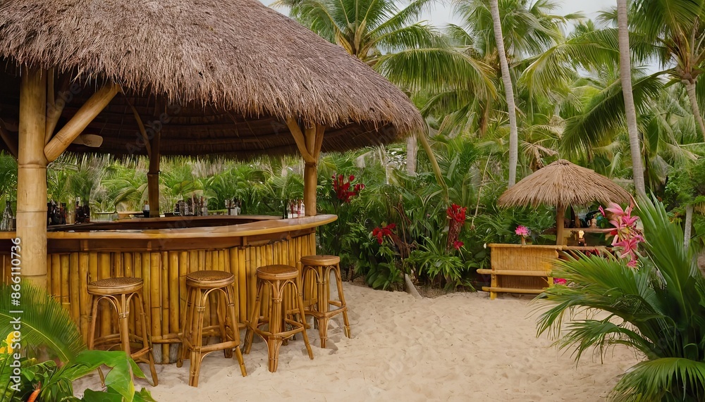 Fototapeta premium Tropical minimal cute house with a thatched roof, a tiki bar, and a hammock in a lush jungle setting