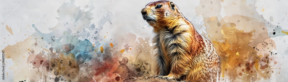 Obraz premium Watercolor painting of a prairie dog, featuring vibrant earthy tones and detailed brushwork, standing alert against a textured background.