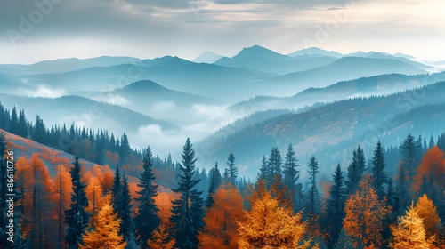 Majestic Autumn Mountain Range with Vibrant Foliage and Misty Atmosphere