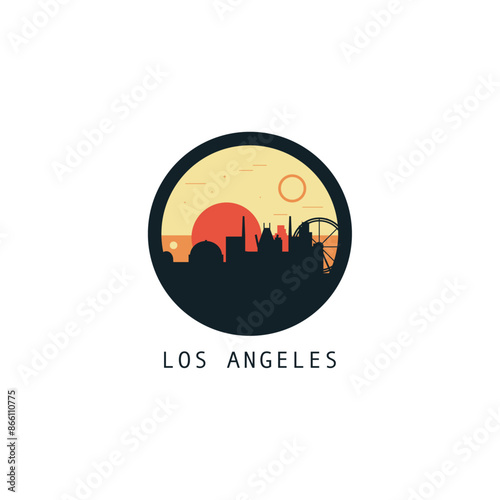 Los Angeles skyline, downtown panorama logo, logotype. USA, California state round badge contour, isolated vector vintage pictogram with monuments, landmarks