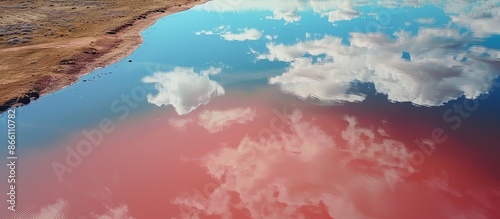 A drone captures a scenic view of a pink water lake reflecting a cloudy sky with a clear area for additional text or images, known as a copy space image.