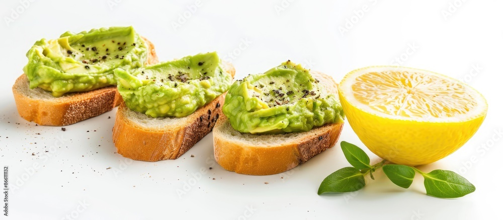 Copy space image of half a green avocado, a lemon, and sandwiches topped with creamy avocado paste on a white background, a mix perfect for vegan, exotic, Mexican diet food. Copy space image of half a green avocado, a lemon, and sandwiches topped with creamy avocado paste on a white background, a mix perfect for vegan, exotic, Mexican diet food.