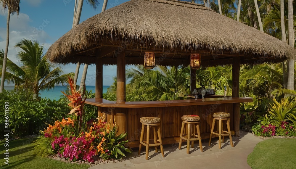 a tiki hut bar with colorful cocktails, beachfront seating, and island vibes a tiki hut bar with colorful cocktails, beachfront seating, and island vibes