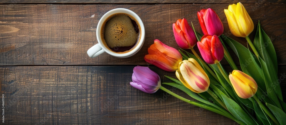 A cup of coffee alongside a colorful bouquet of tulips is displayed in the charming copy space image. A cup of coffee alongside a colorful bouquet of tulips is displayed in the charming copy space image.