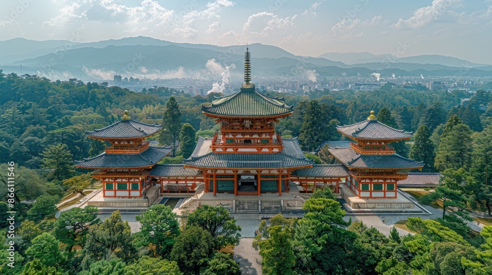 High-altitude view of the ancient temples and pagodas in Nara Park High-altitude view of the ancient temples and pagodas in Nara Park
