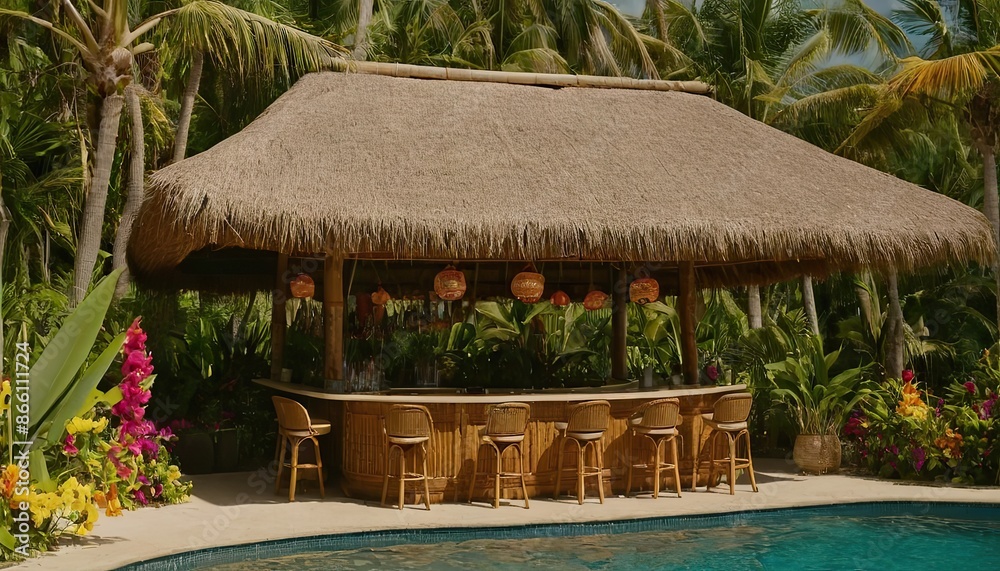 a tiki hut bar with colorful cocktails, beachfront seating, and island vibes a tiki hut bar with colorful cocktails, beachfront seating, and island vibes