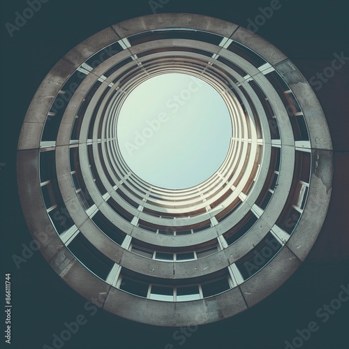 A circular modern building with an empty space in the center, looking up from below. An architectural photography in the style of modernism, featuring a wide angle shot of the architecture