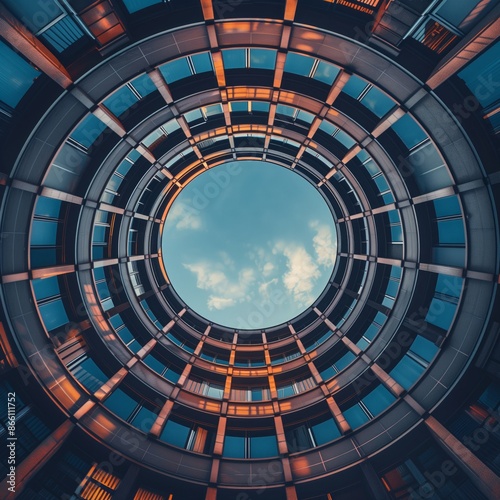 A circular modern building with an empty space in the center, looking up from below. An architectural photography in the style of modernism, featuring a wide angle shot of the architecture