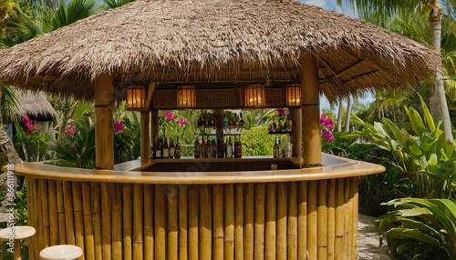 Fototapeta Naklejka Na Ścianę i Meble -  Visualize a tropical tiki bar with thatched roofs and bamboo accents serving exotic cocktails