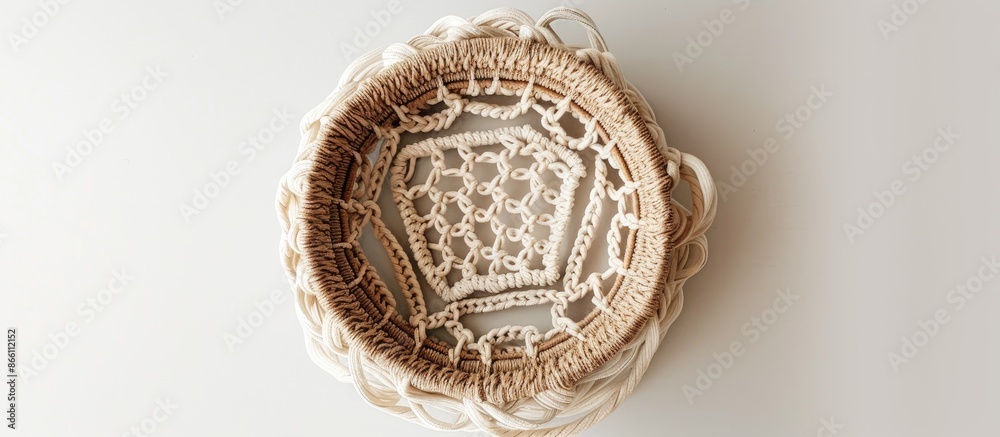 A top view photo of a handmade macrame basket featuring intricate braiding with cotton threads on a white backdrop. Perfect light image for macrame and crafts promotions with copy space. A top view photo of a handmade macrame basket featuring intricate braiding with cotton threads on a white backdrop. Perfect light image for macrame and crafts promotions with copy space.