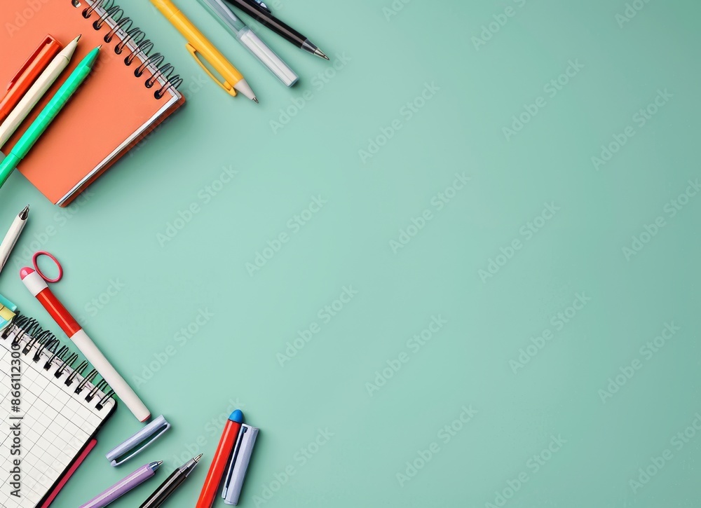 School supplies on pastel green background with copy space School supplies on pastel green background with copy space