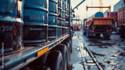 A close-up, detailed macro shot captures multiple oil drums being carefully loaded onto a truck, highlighting the industrial and logistical aspects of transportation © wpw
