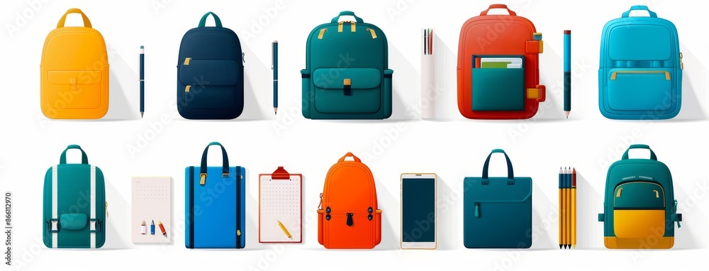 Set of school backpacks with books, stationery and other accessories isolated on a white background Set of school backpacks with books, stationery and other accessories isolated on a white background
