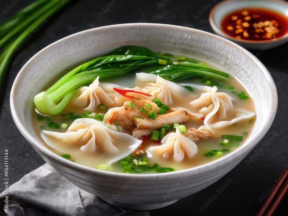 Wonton Soup: Clear broth soup with delicate wontons filled with pork and shrimp, garnished with bok choy and green onions. Chinese cuisine. generative AI Wonton Soup: Clear broth soup with delicate wontons filled with pork and shrimp, garnished with bok choy and green onions. Chinese cuisine. generative AI