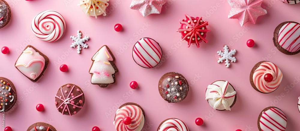 Flat lay holiday concept featuring a pattern of Christmas sweet treats with a copy space image in a horizontal format. Flat lay holiday concept featuring a pattern of Christmas sweet treats with a copy space image in a horizontal format.
